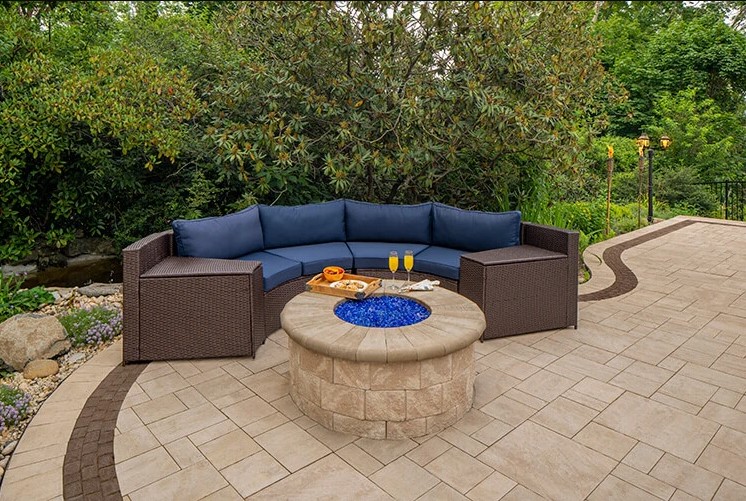 stone patio fire pit with blue glass